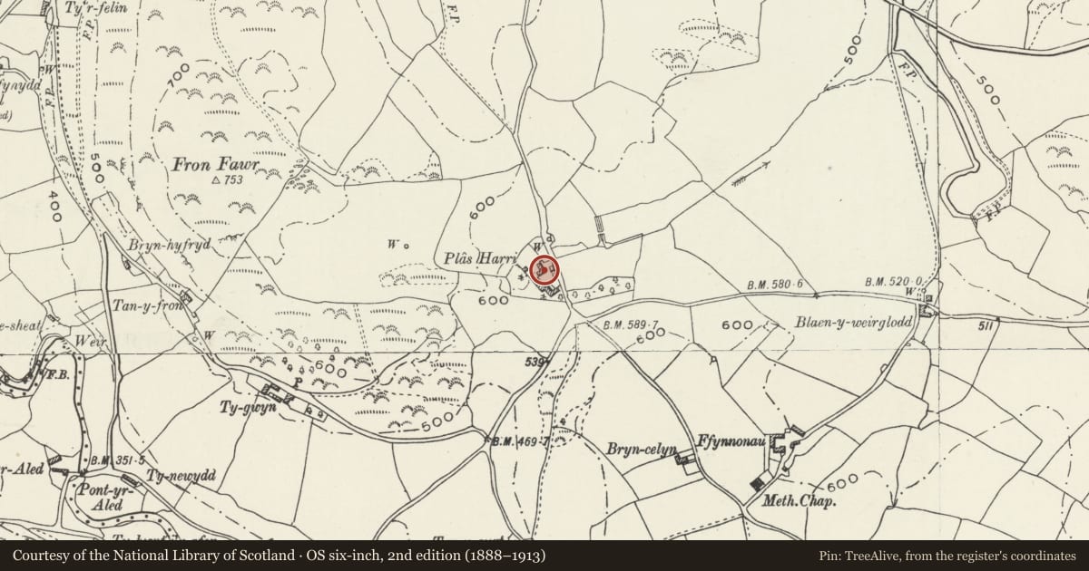 Ordnance Survey six-inch map, 2nd edition (1888–1913) covering the location of Stable and Carthouse Range at Plas Harri, Llannefydd, Conwy, with a pin at the register's coordinates
