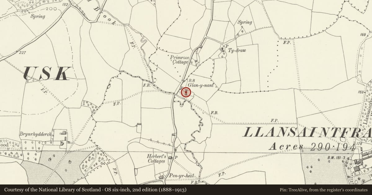 Ordnance Survey six-inch map, 2nd edition (1888–1913) covering the location of Glan-y-nant, Gobion Fawr, Monmouthshire, with a pin at the register's coordinates
