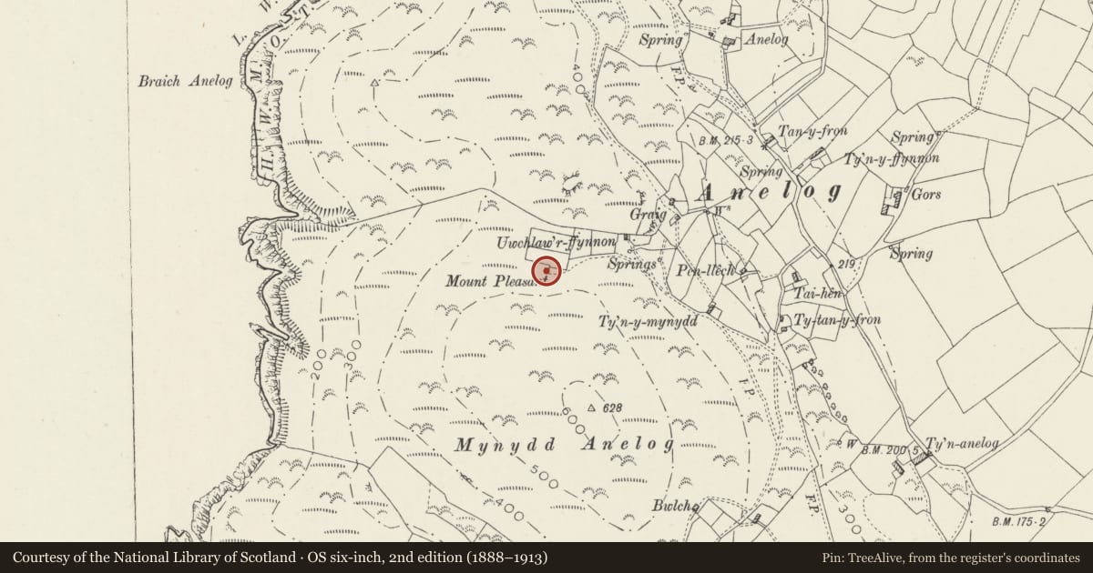 Ordnance Survey six-inch map, 2nd edition (1888–1913) covering the location of Mount, Aberdaron, Gwynedd, with a pin at the register's coordinates