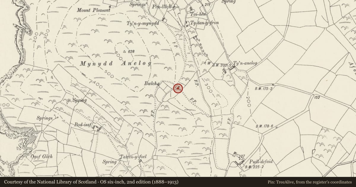 Ordnance Survey six-inch map, 2nd edition (1888–1913) covering the location of Tai Bwlch, Aberdaron, Gwynedd, with a pin at the register's coordinates