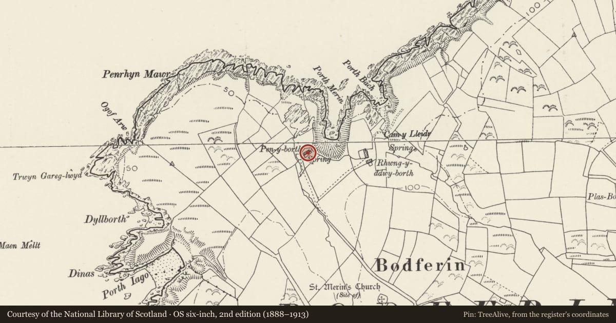 Ordnance Survey six-inch map, 2nd edition (1888–1913) covering the location of Penyborth, Aberdaron, Gwynedd, with a pin at the register's coordinates