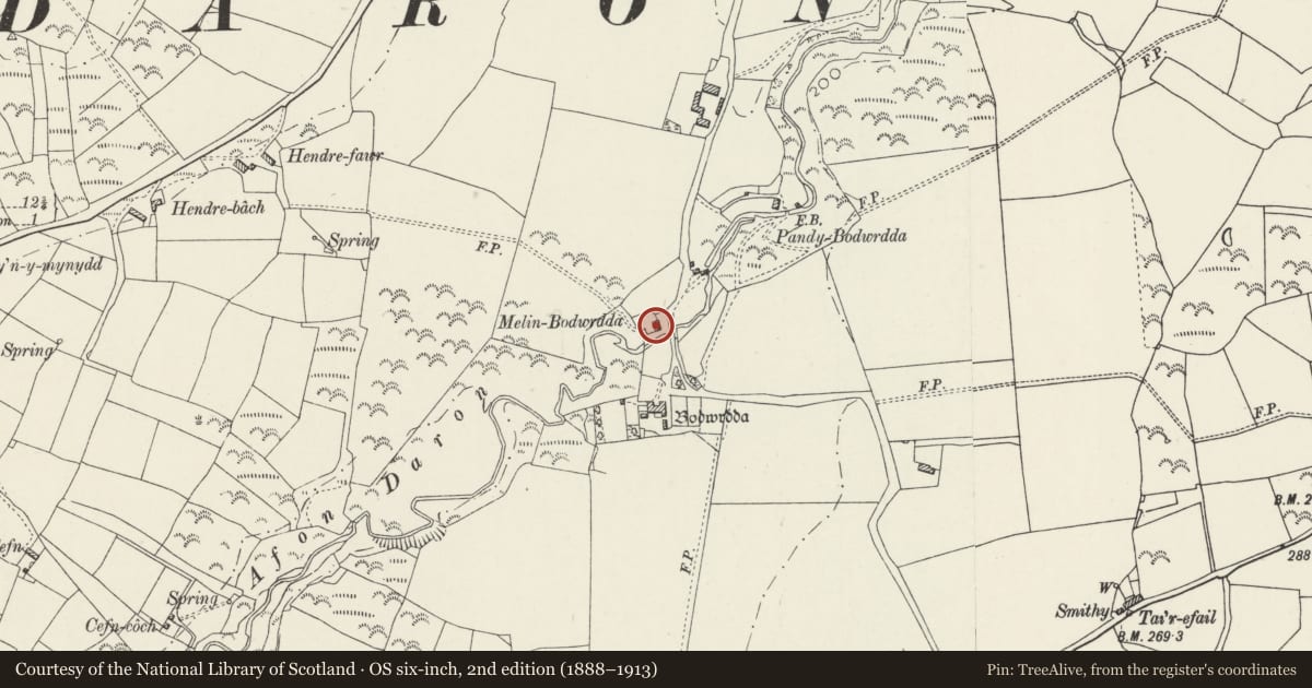 Ordnance Survey six-inch map, 2nd edition (1888–1913) covering the location of Felin Bach, Aberdaron, Gwynedd, with a pin at the register's coordinates
