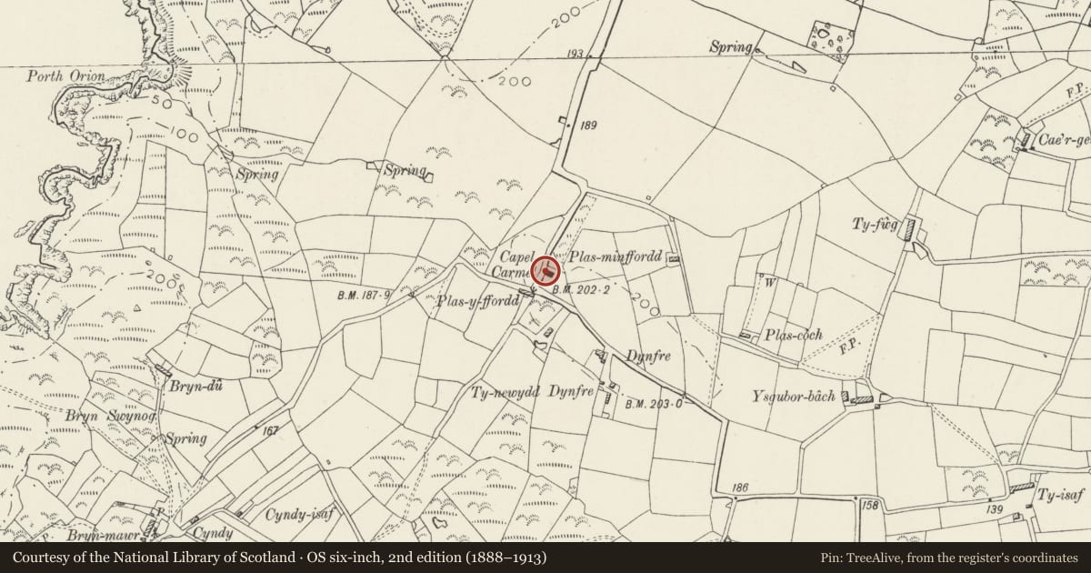 Ordnance Survey six-inch map, 2nd edition (1888–1913) covering the location of Carmel Chapel, Aberdaron, Gwynedd, with a pin at the register's coordinates