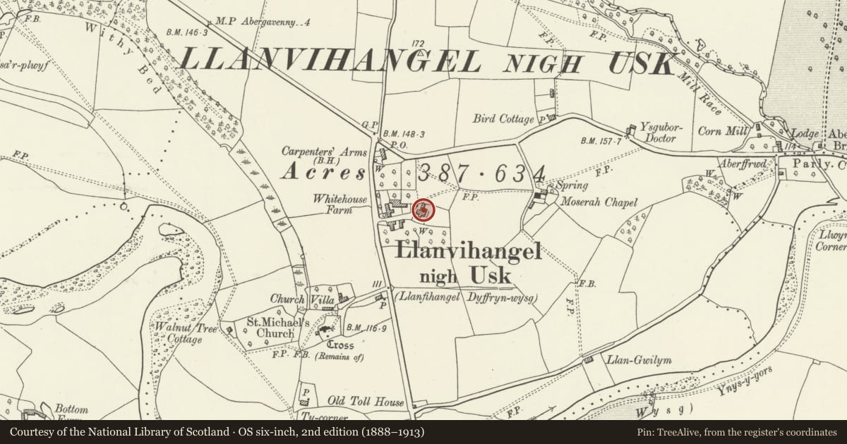 Ordnance Survey six-inch map, 2nd edition (1888–1913) covering the location of Manor House (or Gobion Manor), Gobion Fawr, Monmouthshire, with a pin at the register's coordinates