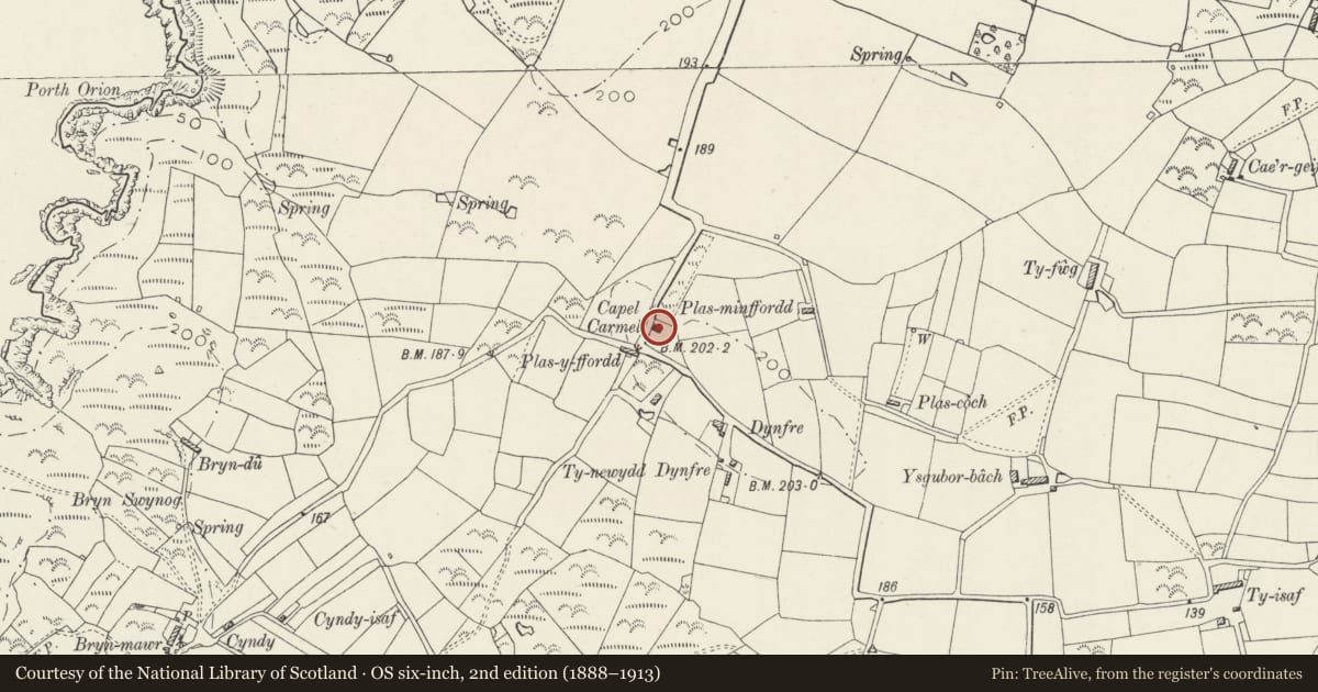 Ordnance Survey six-inch map, 2nd edition (1888–1913) covering the location of Plas, Aberdaron, Gwynedd, with a pin at the register's coordinates