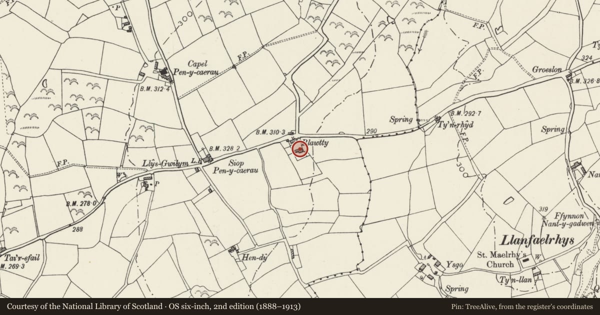 Ordnance Survey six-inch map, 2nd edition (1888–1913) covering the location of Barn and Stable Range at Blawdty, Aberdaron, Gwynedd, with a pin at the register's coordinates