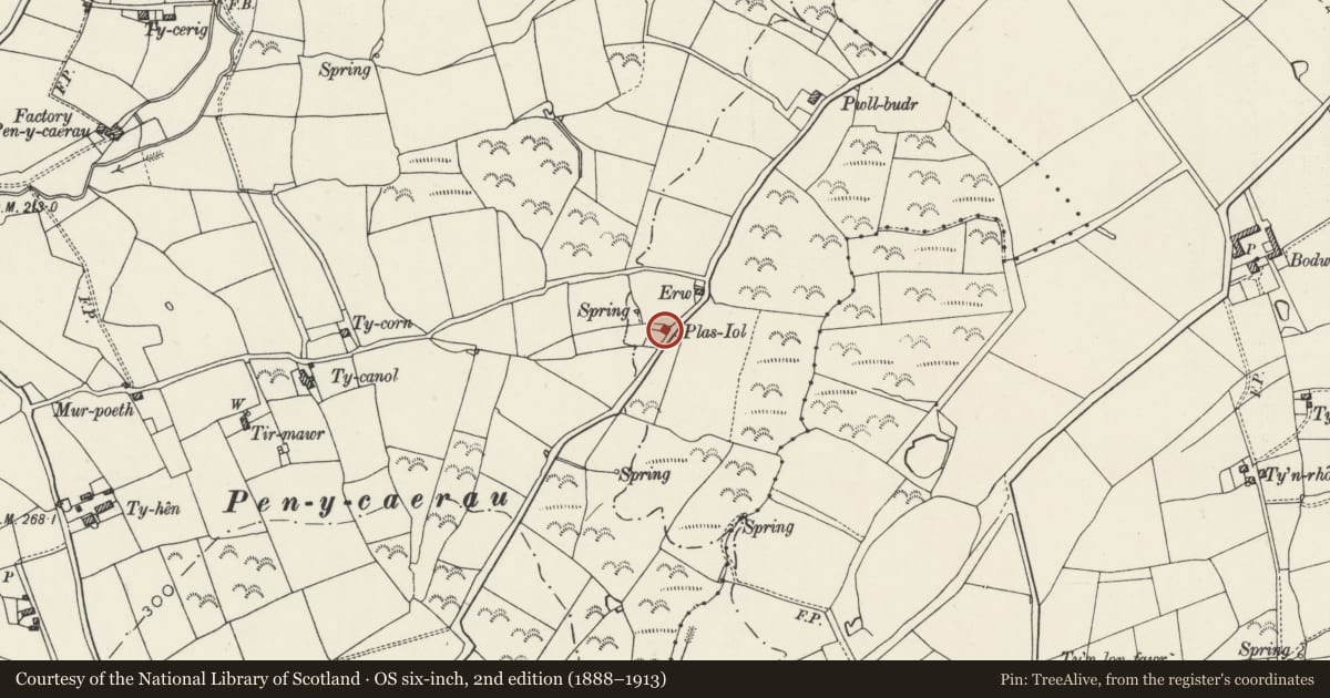 Ordnance Survey six-inch map, 2nd edition (1888–1913) covering the location of Plas Iol, Aberdaron, Gwynedd, with a pin at the register's coordinates