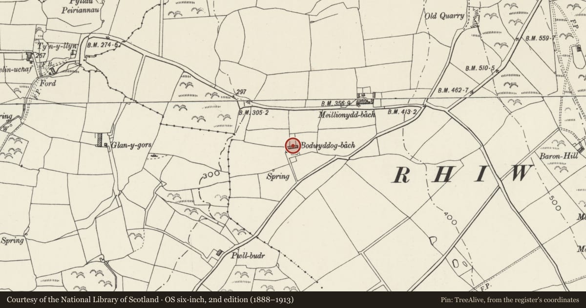 Ordnance Survey six-inch map, 2nd edition (1888–1913) covering the location of Bodwyddog Bach, Aberdaron, Gwynedd, with a pin at the register's coordinates
