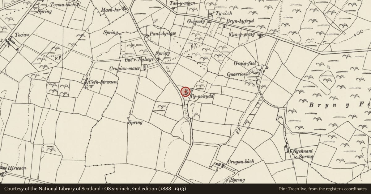 Ordnance Survey six-inch map, 2nd edition (1888–1913) covering the location of Pencruga, Aberdaron, Gwynedd, with a pin at the register's coordinates