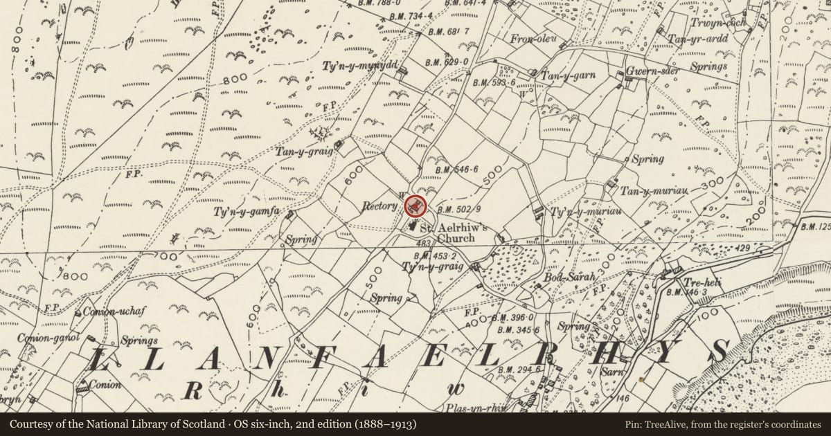 Ordnance Survey six-inch map, 2nd edition (1888–1913) covering the location of Outbuilding NE of Old Rectory, Aberdaron, Gwynedd, with a pin at the register's coordinates