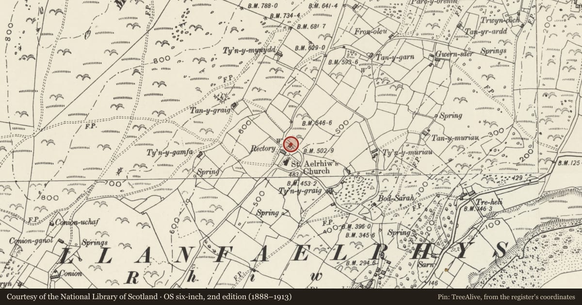 Ordnance Survey six-inch map, 2nd edition (1888–1913) covering the location of Outbuilding further NE of Old Rectory, Aberdaron, Gwynedd, with a pin at the register's coordinates
