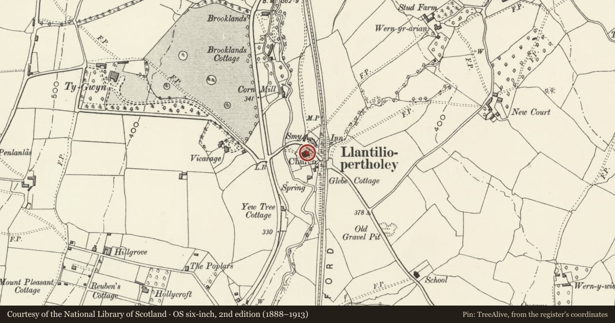 Ordnance Survey six-inch map, 2nd edition (1888–1913) covering the location of Church of St Teilo, Llantilio Pertholey, Monmouthshire, with a pin at the register's coordinates