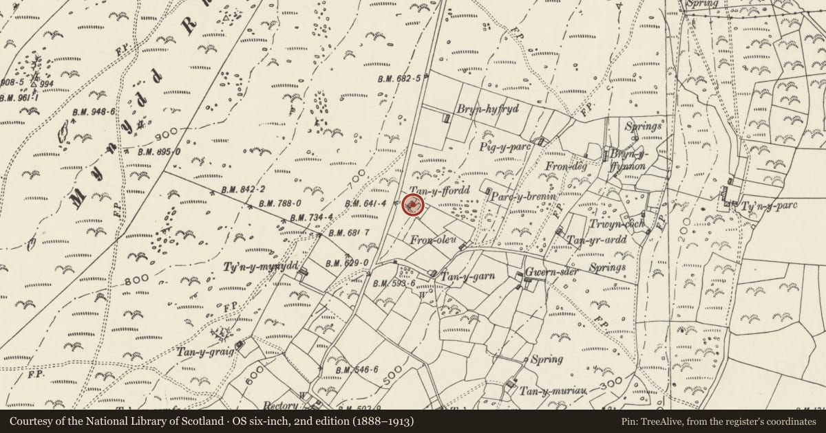 Ordnance Survey six-inch map, 2nd edition (1888–1913) covering the location of Tanyffordd (aka Tanybwlch), Aberdaron, Gwynedd, with a pin at the register's coordinates