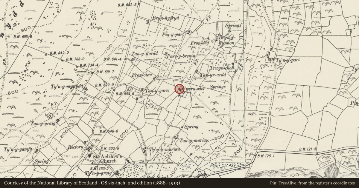 Ordnance Survey six-inch map, 2nd edition (1888–1913) covering the location of Outbuilding at Gwernsaer, Aberdaron, Gwynedd, with a pin at the register's coordinates