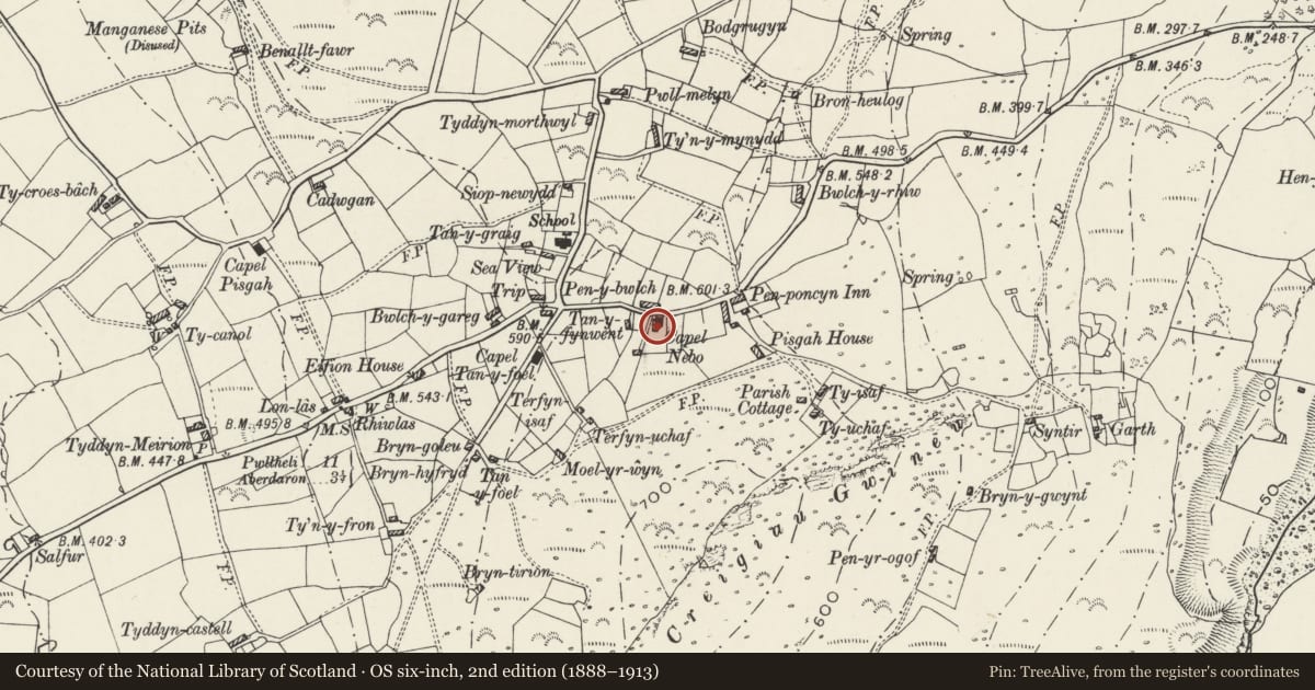 Ordnance Survey six-inch map, 2nd edition (1888–1913) covering the location of Ty Capel Nebo, Aberdaron, Gwynedd, with a pin at the register's coordinates
