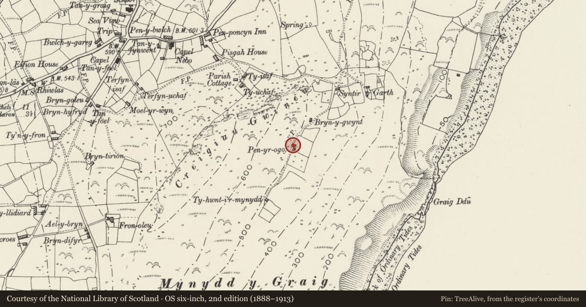 Ordnance Survey six-inch map, 2nd edition (1888–1913) covering the location of Pen-yr-ogof, Aberdaron, Gwynedd, with a pin at the register's coordinates