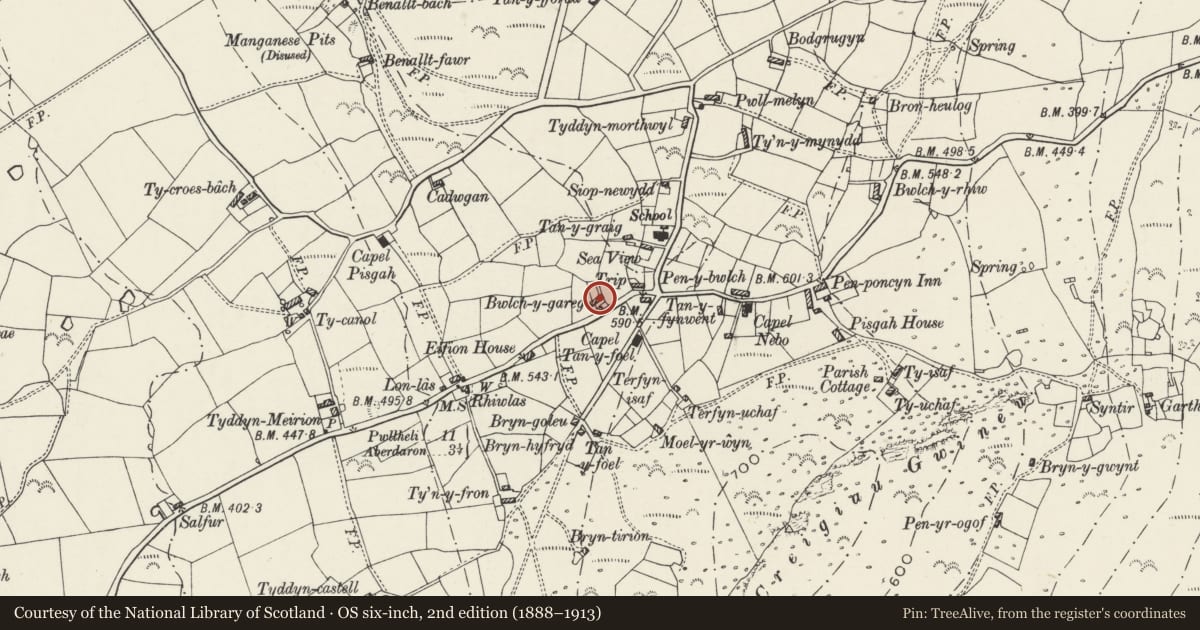 Ordnance Survey six-inch map, 2nd edition (1888–1913) covering the location of Bwlch-y-garreg, Aberdaron, Gwynedd, with a pin at the register's coordinates