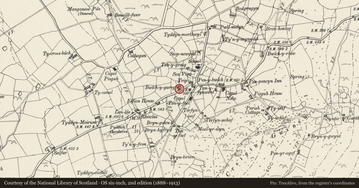 Ordnance Survey six-inch map, 2nd edition (1888–1913) covering the location of Pigsty at Bwlch-y-garreg, Aberdaron, Gwynedd, with a pin at the register's coordinates