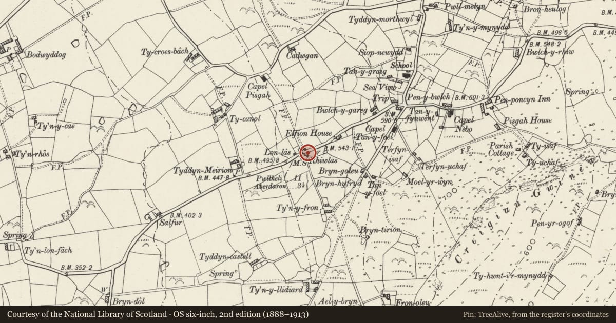 Ordnance Survey six-inch map, 2nd edition (1888–1913) covering the location of Milestone, Aberdaron, Gwynedd, with a pin at the register's coordinates