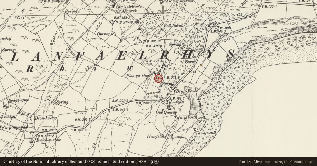 Ordnance Survey six-inch map, 2nd edition (1888–1913) covering the location of Terraces at Plas yn Rhiw, Aberdaron, Gwynedd, with a pin at the register's coordinates