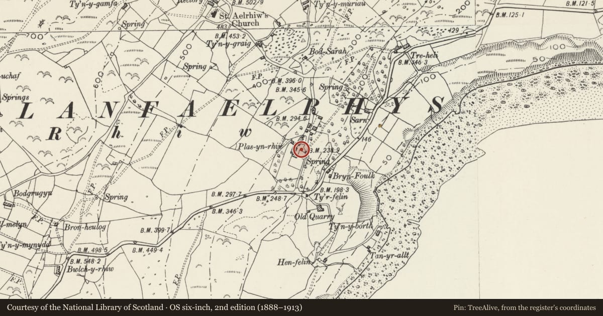 Ordnance Survey six-inch map, 2nd edition (1888–1913) covering the location of Workshop at Plas yn Rhiw, Aberdaron, Gwynedd, with a pin at the register's coordinates