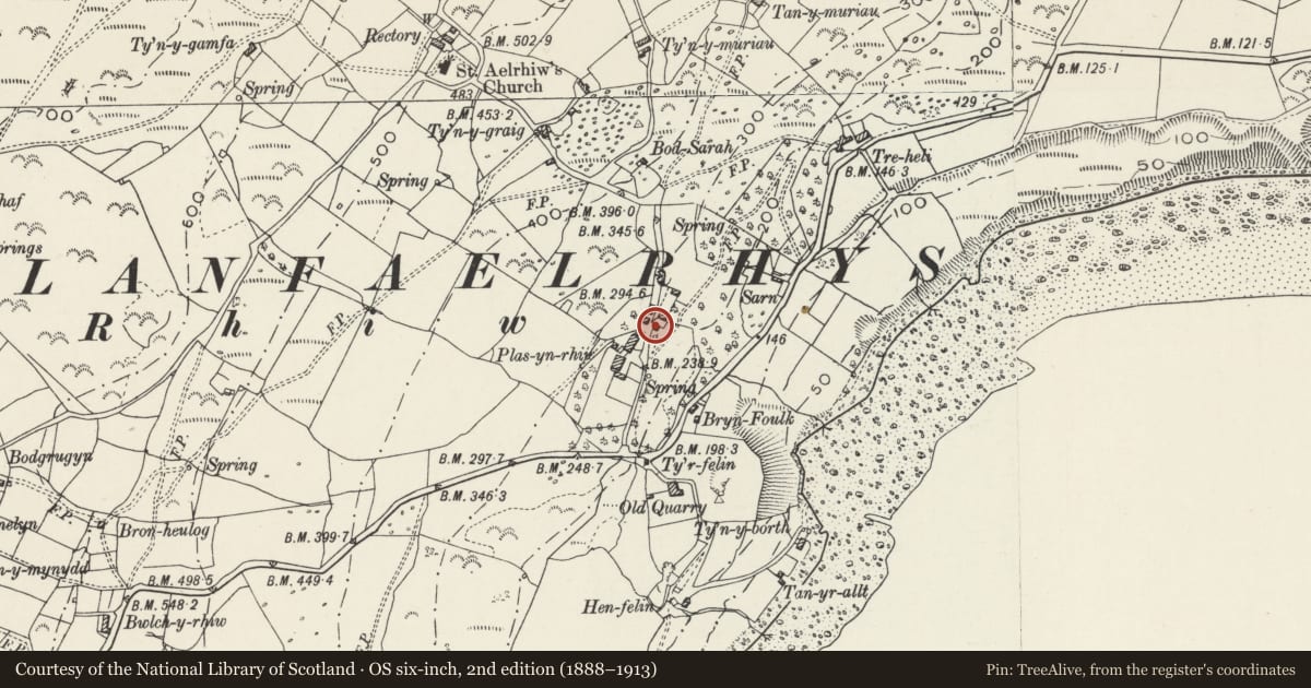 Ordnance Survey six-inch map, 2nd edition (1888–1913) covering the location of Barn at Plas yn Rhiw, Aberdaron, Gwynedd, with a pin at the register's coordinates