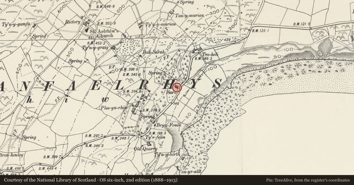 Ordnance Survey six-inch map, 2nd edition (1888–1913) covering the location of Sarn y Plas, Aberdaron, Gwynedd, with a pin at the register's coordinates