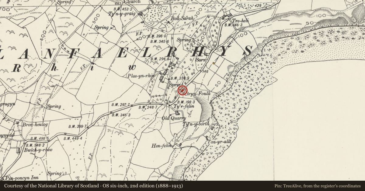 Ordnance Survey six-inch map, 2nd edition (1888–1913) covering the location of Bryn-ffoulk, Aberdaron, Gwynedd, with a pin at the register's coordinates