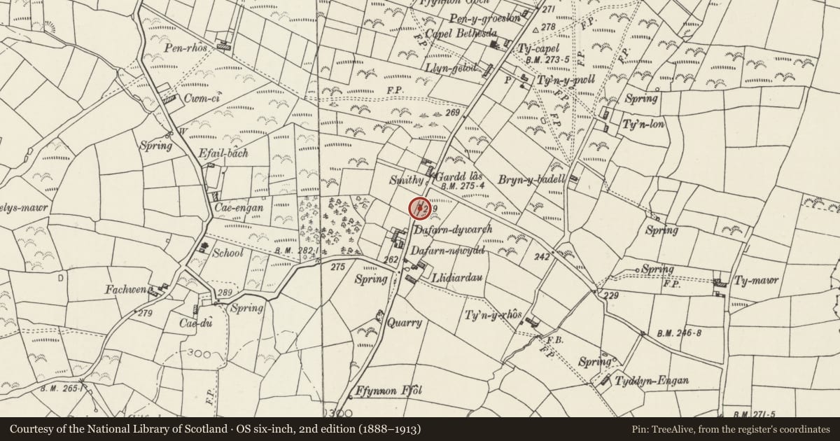 Ordnance Survey six-inch map, 2nd edition (1888–1913) covering the location of Milestone, Aberdaron, Gwynedd, with a pin at the register's coordinates