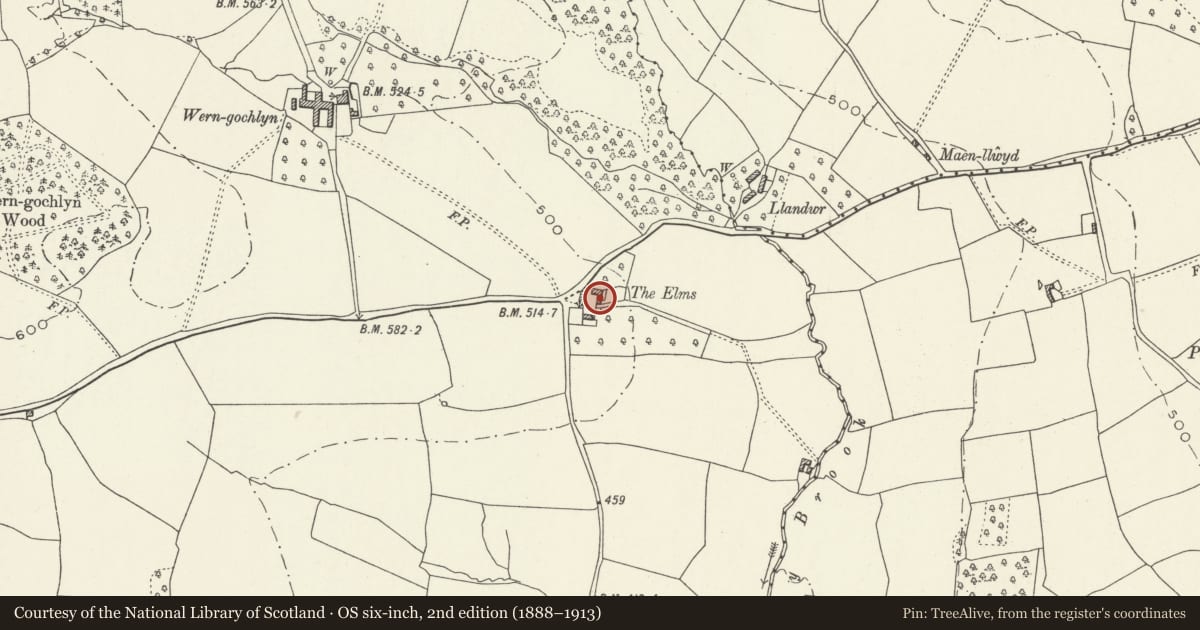 Ordnance Survey six-inch map, 2nd edition (1888–1913) covering the location of The Elms, Gobion Fawr, Monmouthshire, with a pin at the register's coordinates