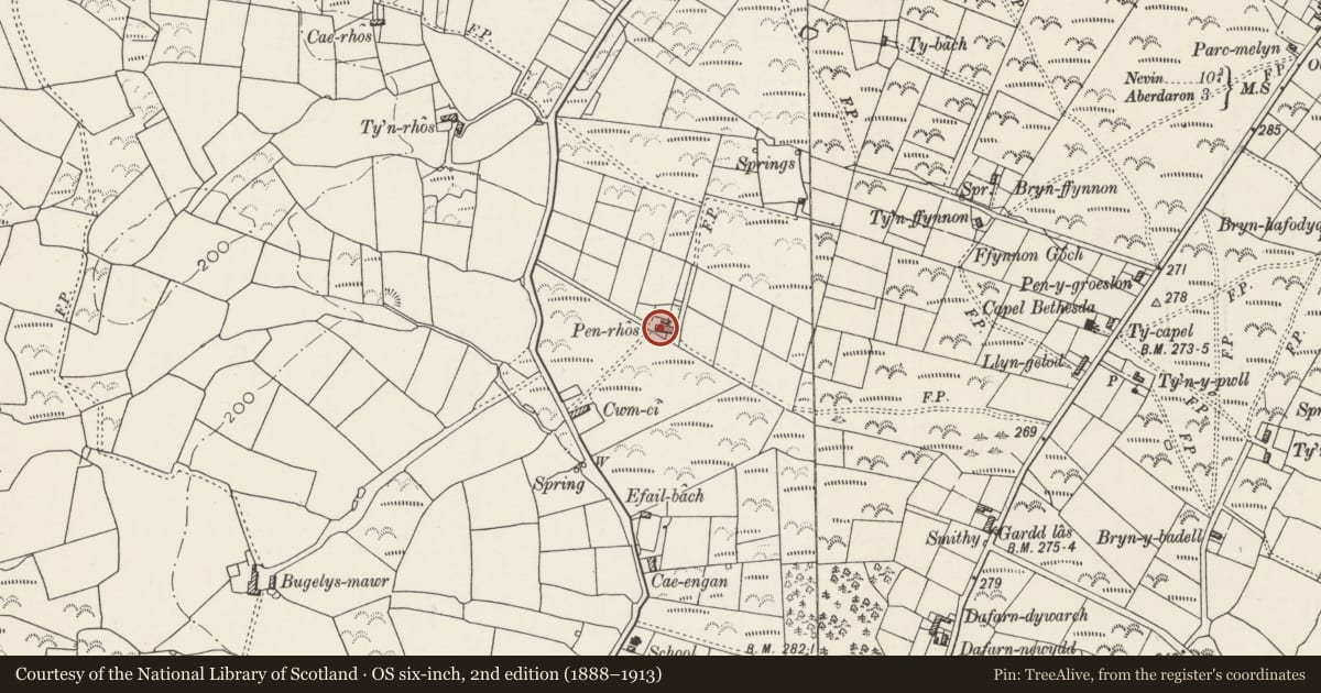 Ordnance Survey six-inch map, 2nd edition (1888–1913) covering the location of Penrhos, Aberdaron, Gwynedd, with a pin at the register's coordinates