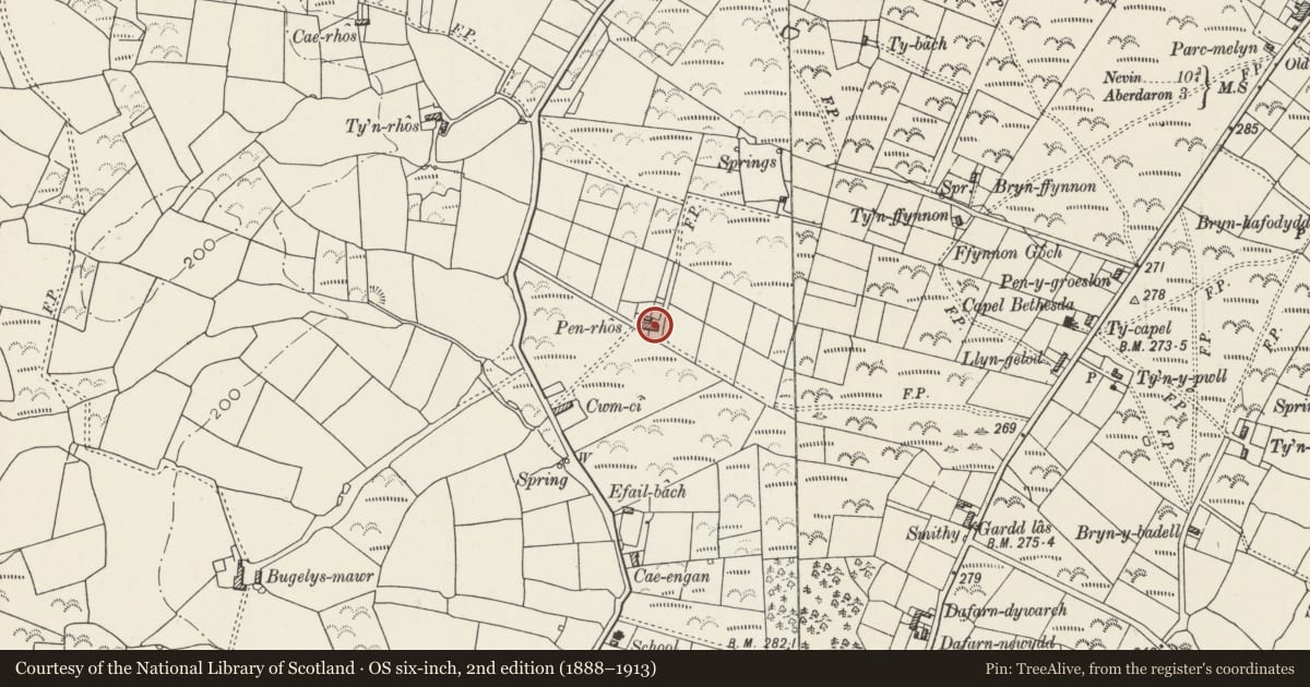 Ordnance Survey six-inch map, 2nd edition (1888–1913) covering the location of Penrhos, Aberdaron, Gwynedd, with a pin at the register's coordinates