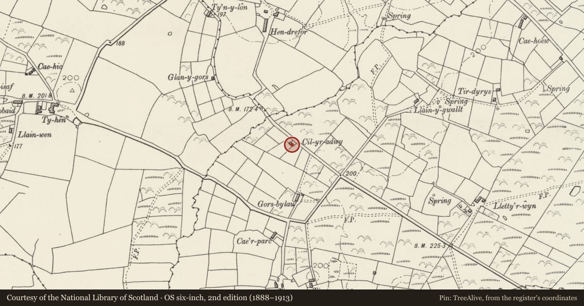 Ordnance Survey six-inch map, 2nd edition (1888–1913) covering the location of Cilyradwy, Aberdaron, Gwynedd, with a pin at the register's coordinates