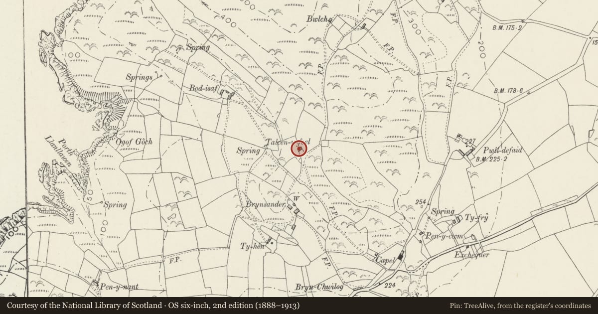 Ordnance Survey six-inch map, 2nd edition (1888–1913) covering the location of Talcen-y-foel, Aberdaron, Gwynedd, with a pin at the register's coordinates