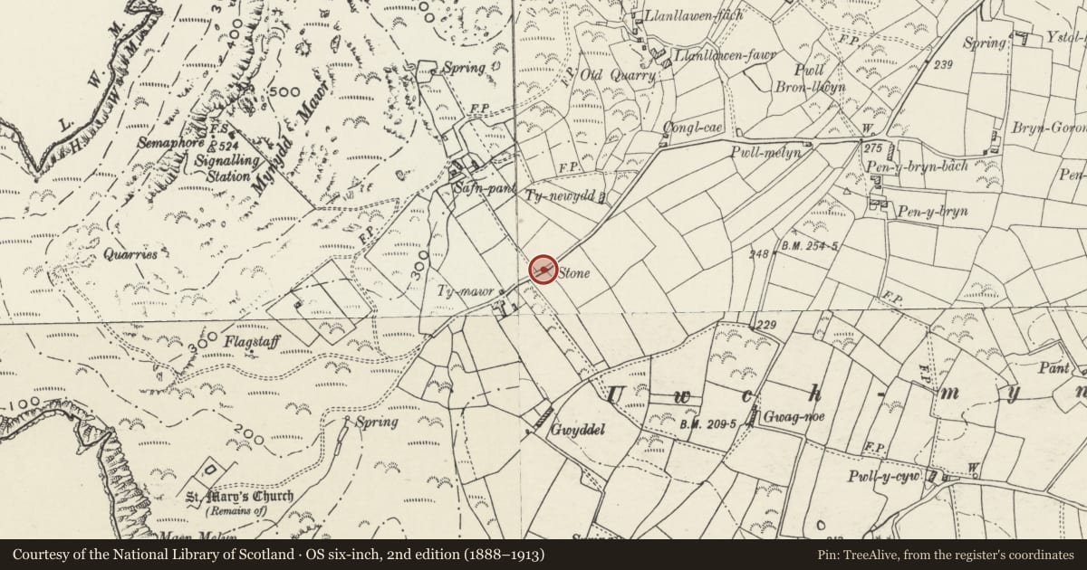 Ordnance Survey six-inch map, 2nd edition (1888–1913) covering the location of Milestone, Aberdaron, Gwynedd, with a pin at the register's coordinates