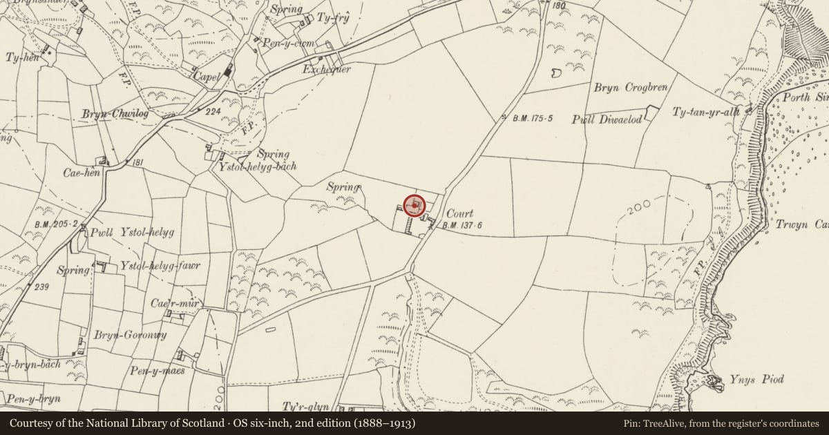 Ordnance Survey six-inch map, 2nd edition (1888–1913) covering the location of Cwrt, Aberdaron, Gwynedd, with a pin at the register's coordinates