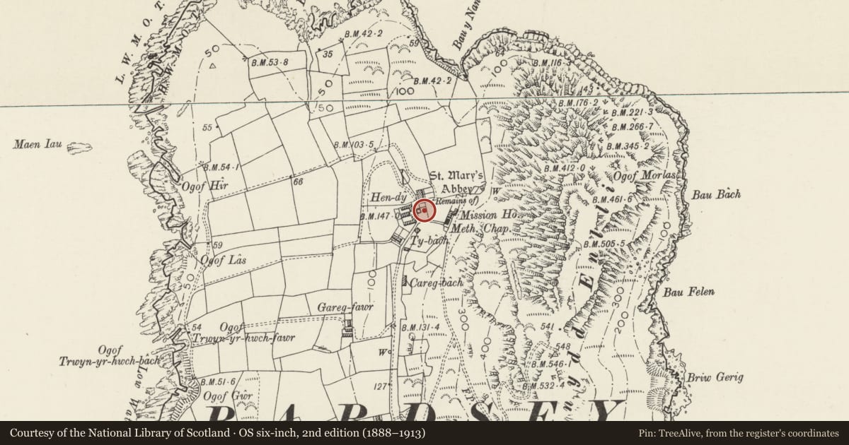 Ordnance Survey six-inch map, 2nd edition (1888–1913) covering the location of Memorial Cross in graveyard centre, Aberdaron, Gwynedd, with a pin at the register's coordinates