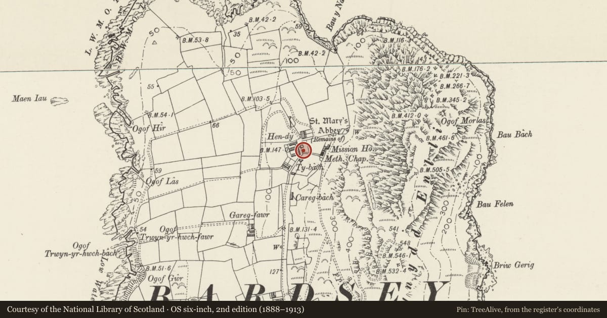Ordnance Survey six-inch map, 2nd edition (1888–1913) covering the location of Memorial Cross in graveyard to S, Aberdaron, Gwynedd, with a pin at the register's coordinates