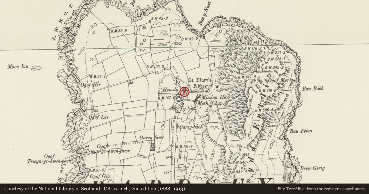 Ordnance Survey six-inch map, 2nd edition (1888–1913) covering the location of Walled Enclosure to Newborough Cross, Aberdaron, Gwynedd, with a pin at the register's coordinates