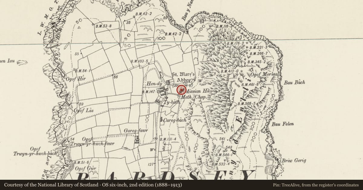 Ordnance Survey six-inch map, 2nd edition (1888–1913) covering the location of Ty Capel, Aberdaron, Gwynedd, with a pin at the register's coordinates