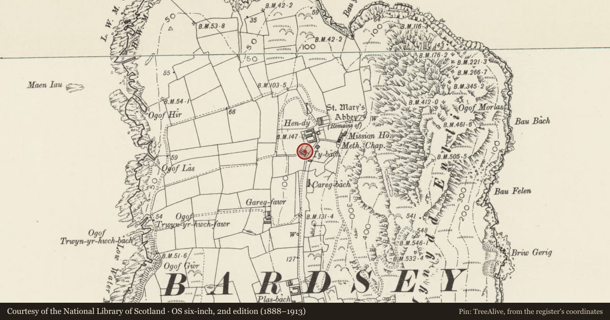 Ordnance Survey six-inch map, 2nd edition (1888–1913) covering the location of Ty Bach/Ty Nesaf, Aberdaron, Gwynedd, with a pin at the register's coordinates