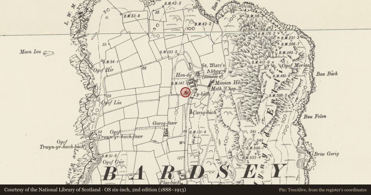 Ordnance Survey six-inch map, 2nd edition (1888–1913) covering the location of Walls to Ty Bach/Ty Nesaf, Aberdaron, Gwynedd, with a pin at the register's coordinates
