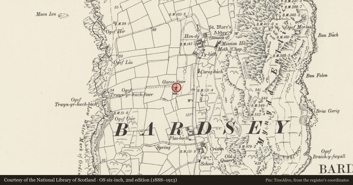 Ordnance Survey six-inch map, 2nd edition (1888–1913) covering the location of Carreg Fawr, Aberdaron, Gwynedd, with a pin at the register's coordinates