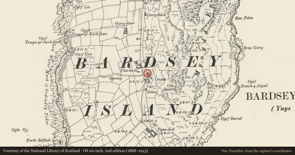 Ordnance Survey six-inch map, 2nd edition (1888–1913) covering the location of Walls to Cristin, Aberdaron, Gwynedd, with a pin at the register's coordinates