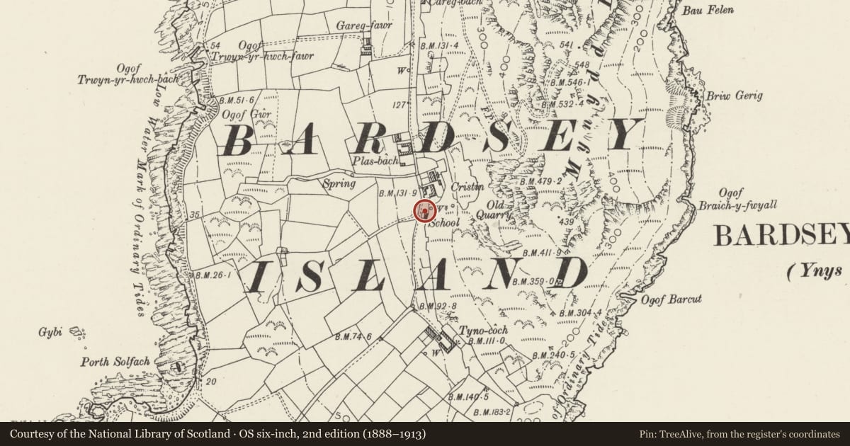 Ordnance Survey six-inch map, 2nd edition (1888–1913) covering the location of Walls to Old School, Aberdaron, Gwynedd, with a pin at the register's coordinates