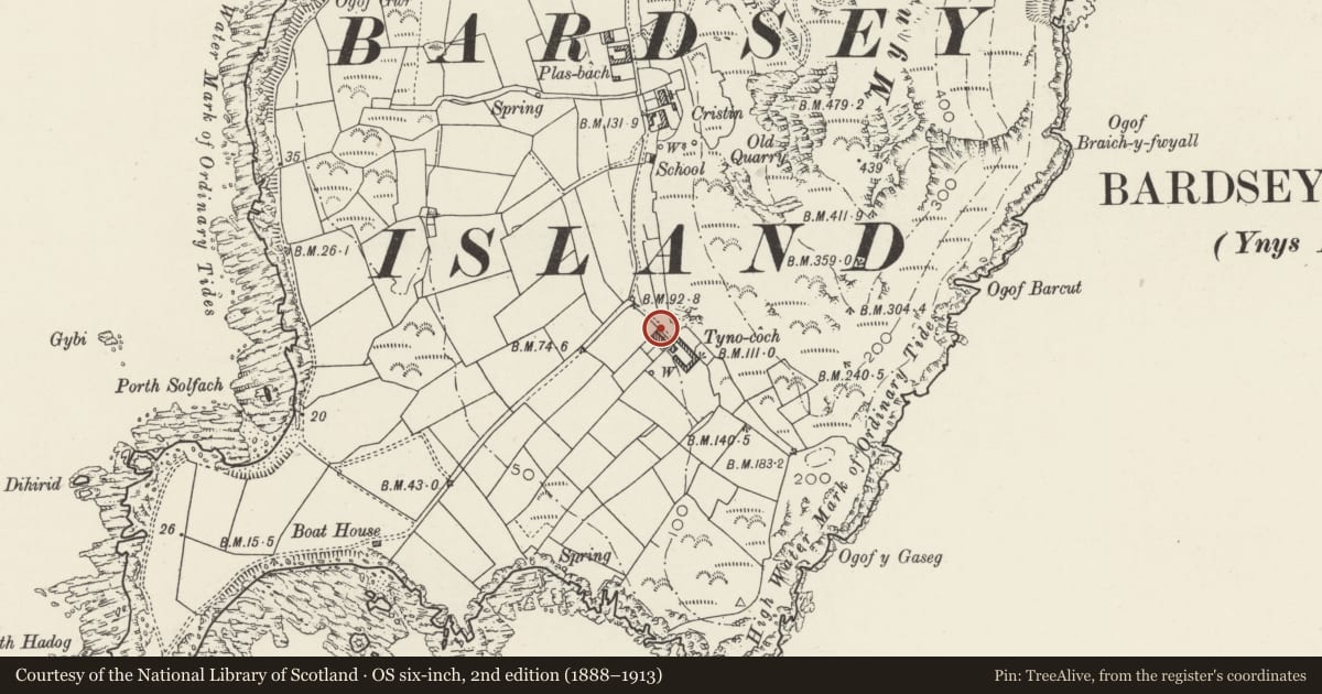 Ordnance Survey six-inch map, 2nd edition (1888–1913) covering the location of Walls to Ty Pellaf and Rhedynog Goch, Aberdaron, Gwynedd, with a pin at the register's coordinates