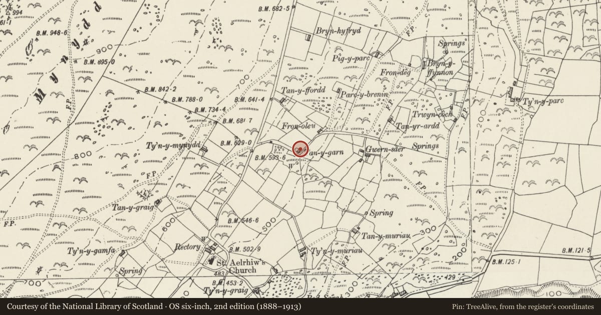 Ordnance Survey six-inch map, 2nd edition (1888–1913) covering the location of Tanygarn, Aberdaron, Gwynedd, with a pin at the register's coordinates