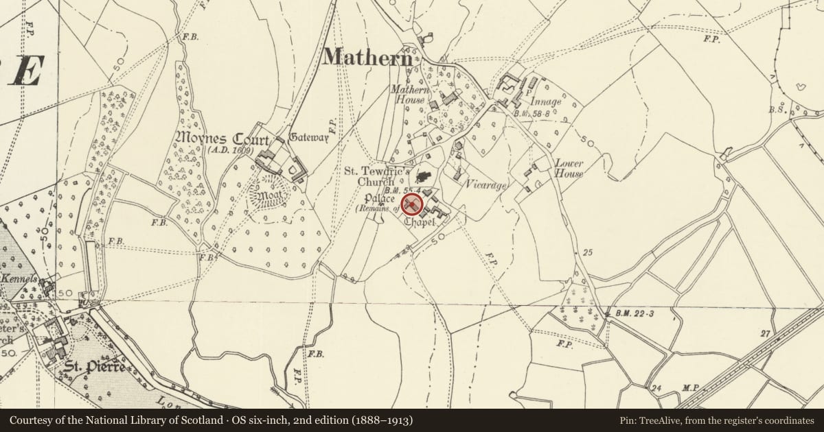 Ordnance Survey six-inch map, 2nd edition (1888–1913) covering the location of Mathern Palace, Monmouthshire, with a pin at the register's coordinates