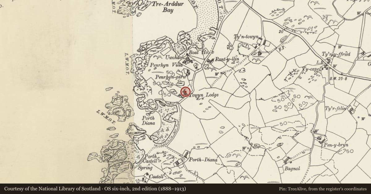 Ordnance Survey six-inch map, 2nd edition (1888–1913) covering the location of Towyn Lodge, Trearddur, Isle of Anglesey, with a pin at the register's coordinates