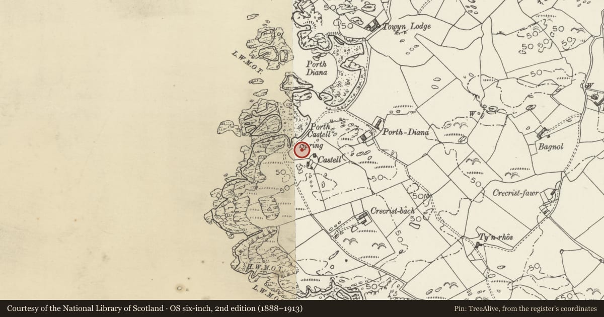 Ordnance Survey six-inch map, 2nd edition (1888–1913) covering the location of Porth y Castell, Trearddur, Isle of Anglesey, with a pin at the register's coordinates